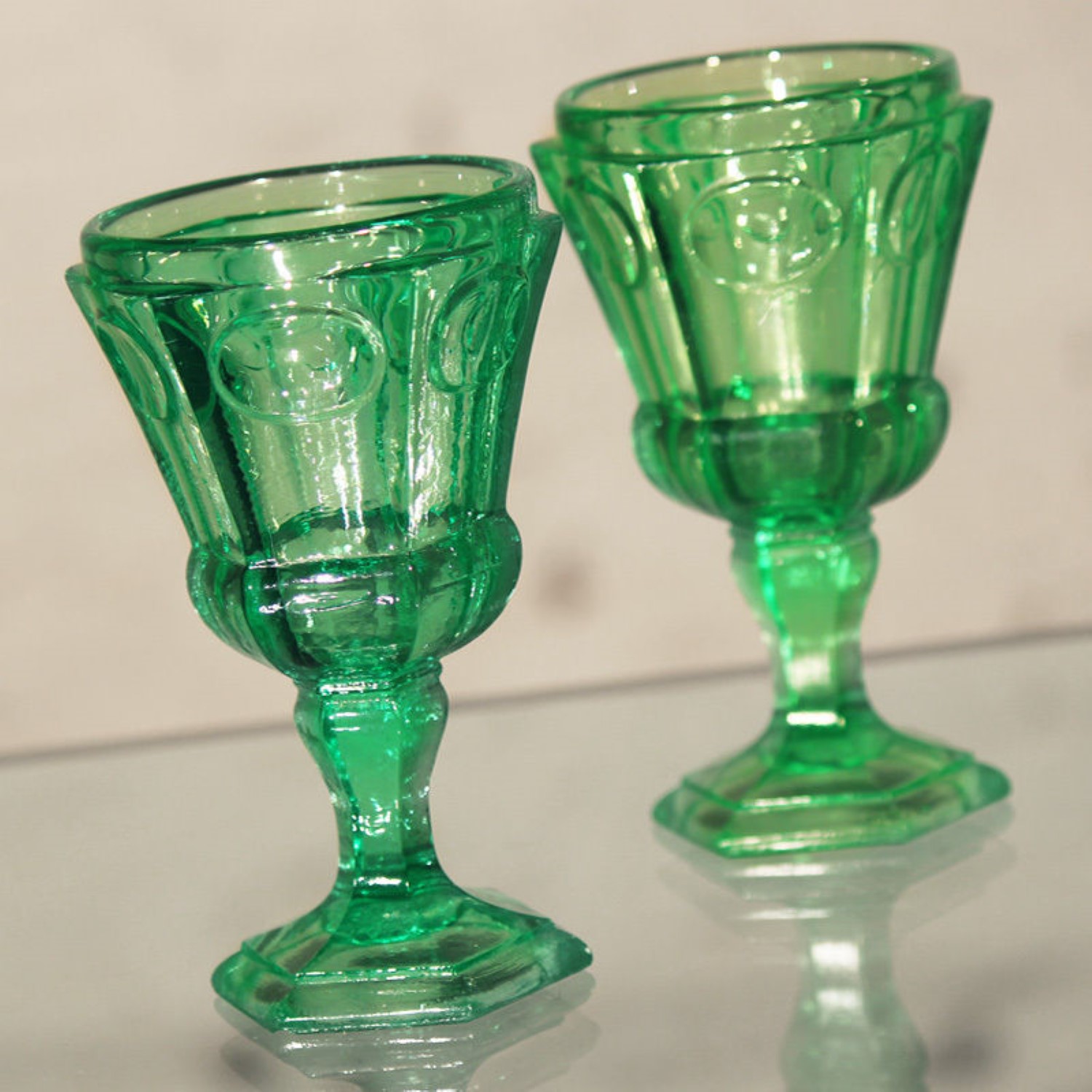 Russian Hexagonal Green Glass Water Goblets