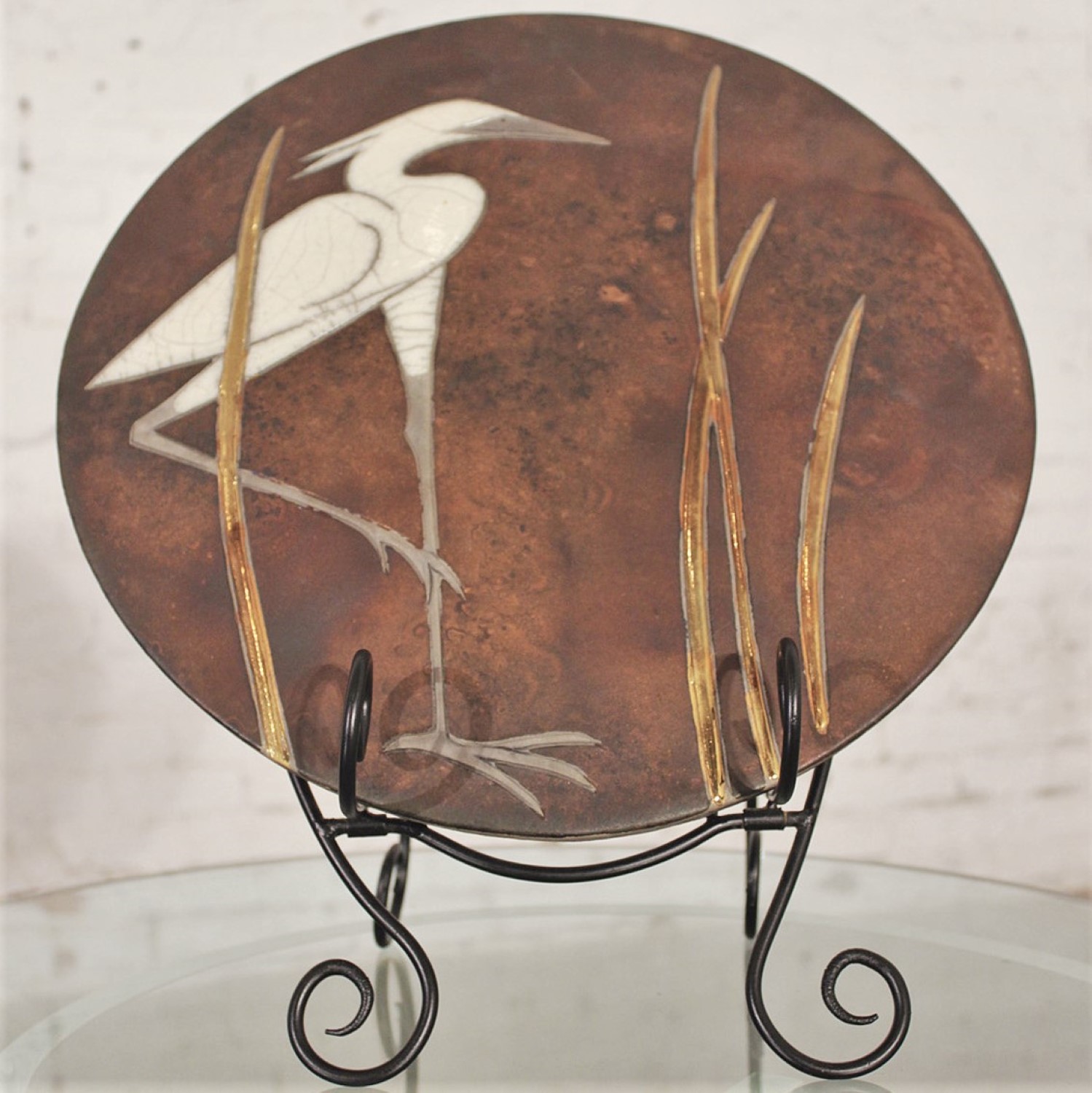 Round Raku Plaque with Egret and Grasses Design