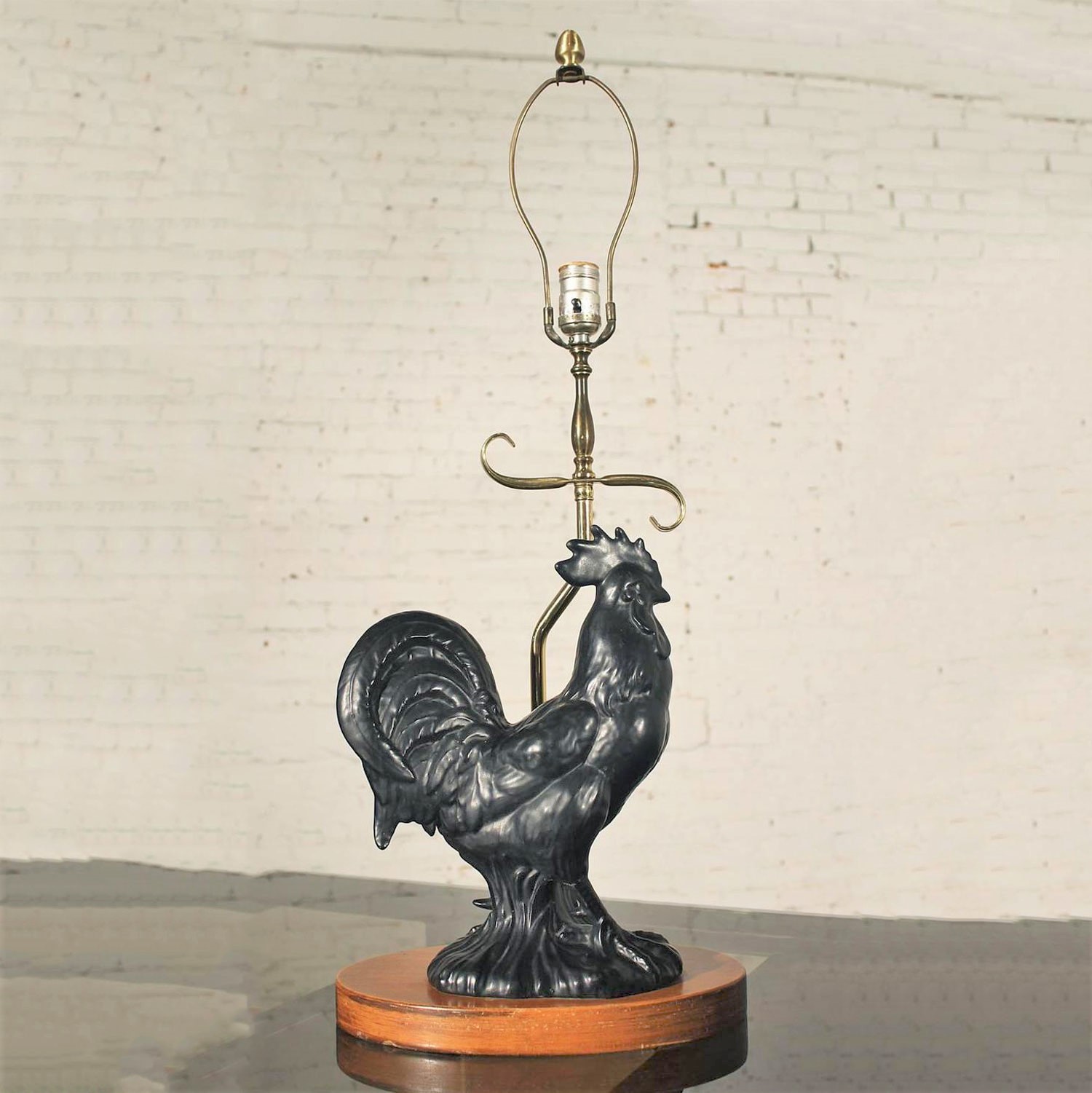 Vintage Mid Century Black Ceramic Rooster Table Lamp