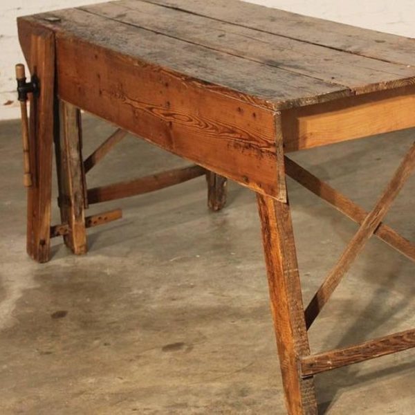 Primitive Industrial Farmhouse Style Dining Table Workbench with Wood Vise Leg