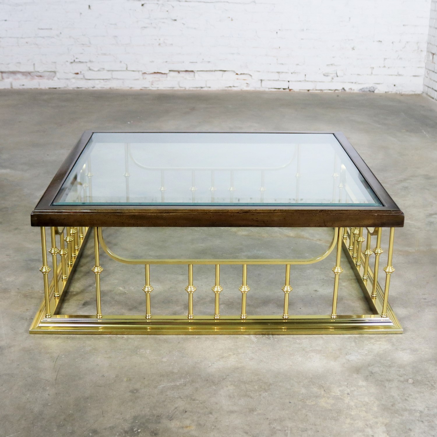 Brass Glass and Wood Fireplace Fender Style Large Square Coffee Table