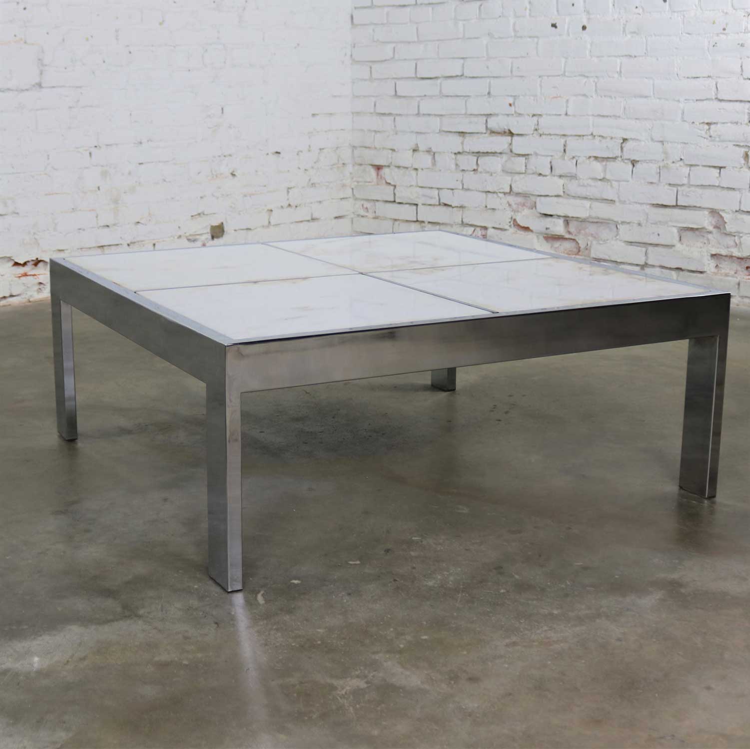 Modern Chrome and White Marble Coffee Cocktail Table Attributed to The Pace Collection