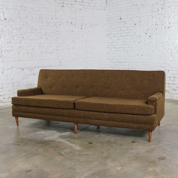 Brown Tweed MCM Lawson Sofa Tight Button Back Manner of Baughman or Wormley