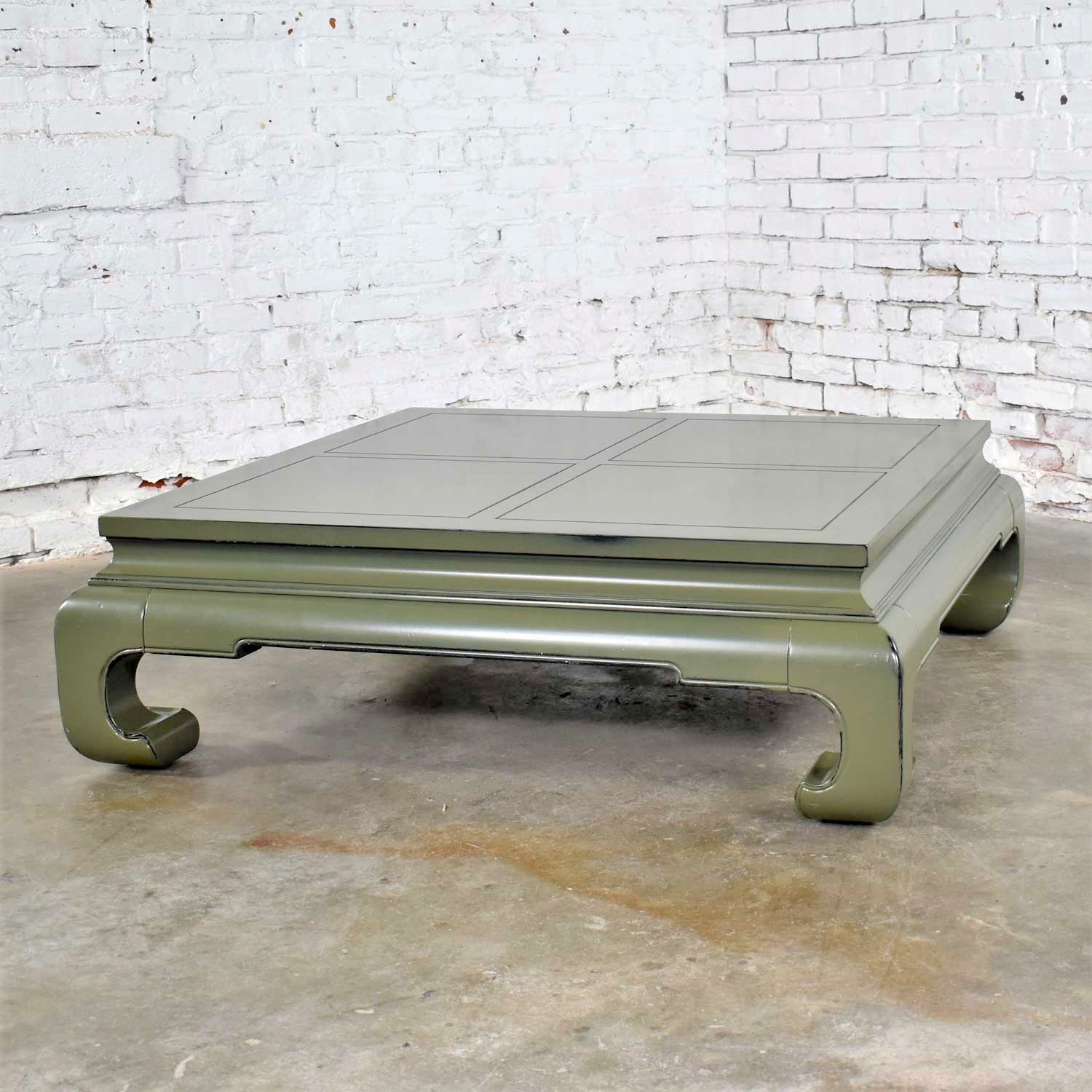 Monumental Square Asian Ming Style Lacquered Coffee Table in Sage Green