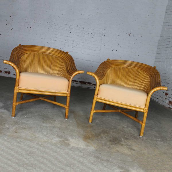 Pair of Rattan Club Chairs with Fan Backs Vintage in the Style of McGuire