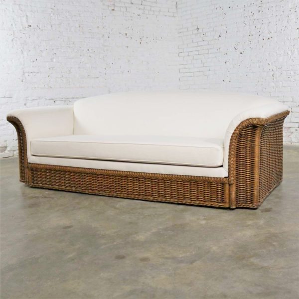 Vintage Modern Wicker Sofa Manner Michael Taylor in New White Canvas