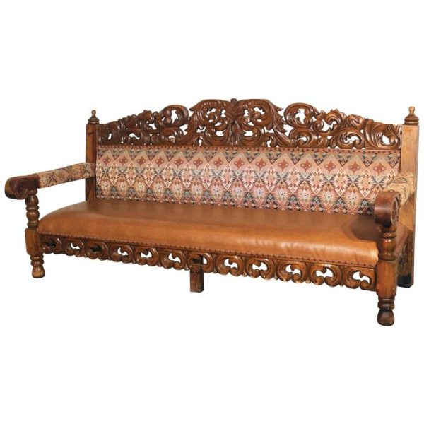 Hacienda-Style Spanish or Mexican Carved Pine and Upholstered Vintage Bench Sofa
