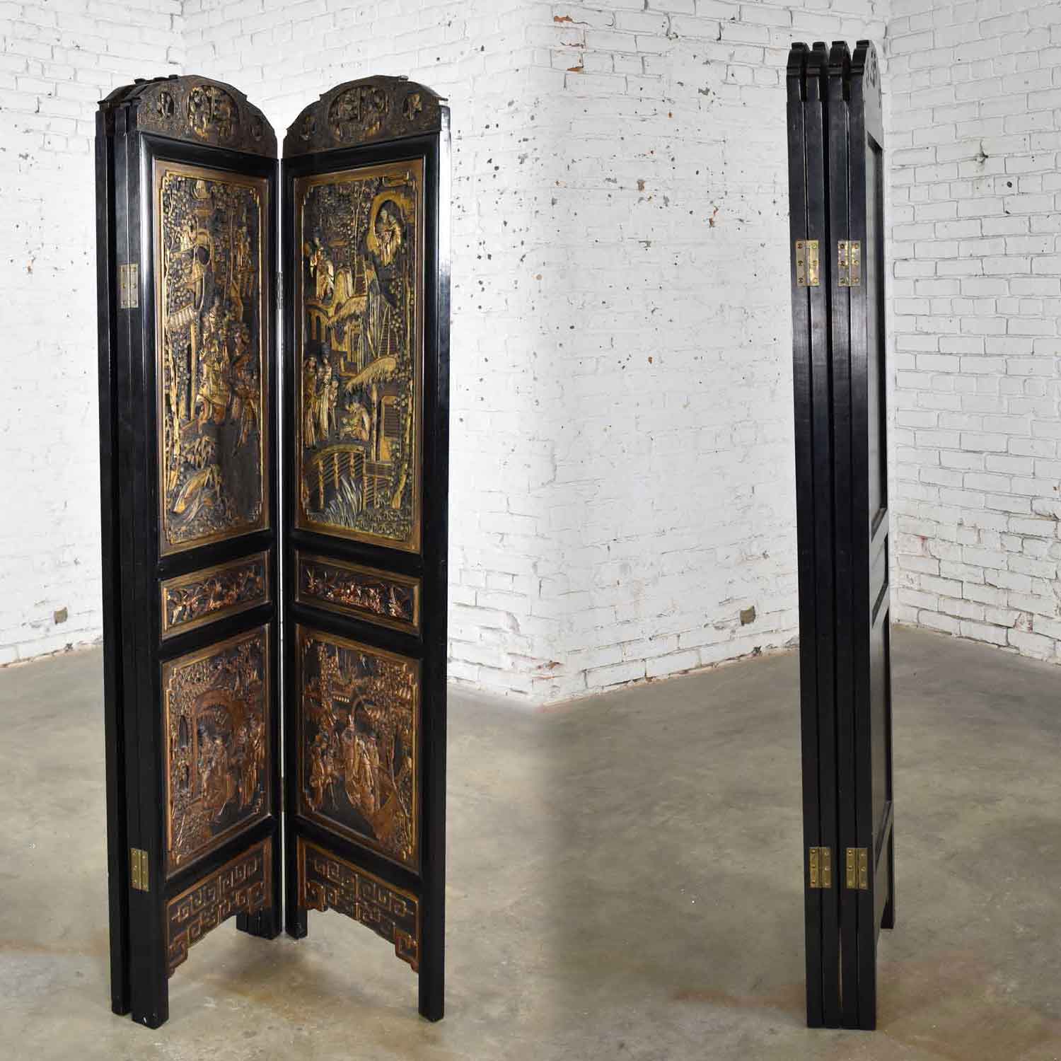 Vintage Asian Hand Carved 4 Panel Folding Screen or Room Divider Lacquered & Gilded