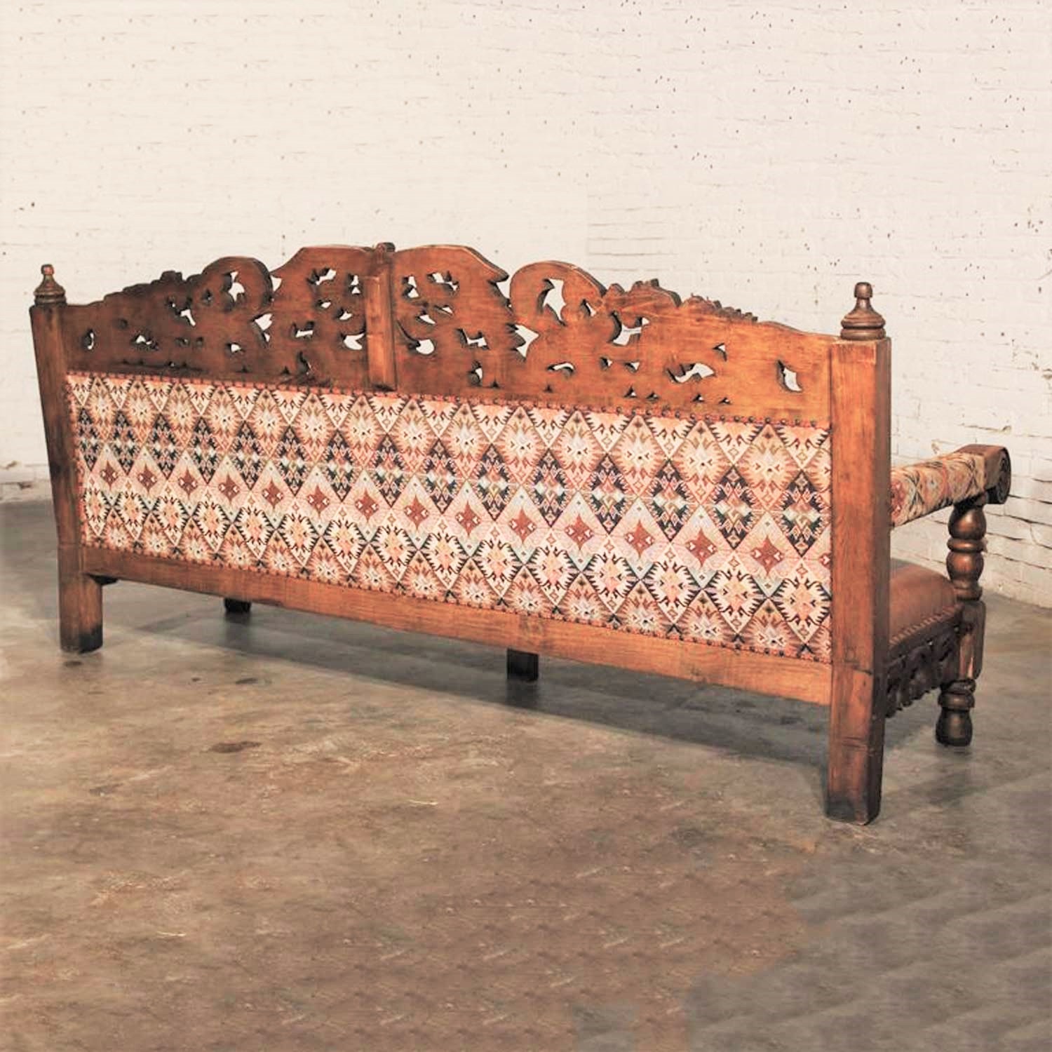 Hacienda-Style Spanish or Mexican Carved Pine and Upholstered Vintage Bench Sofa