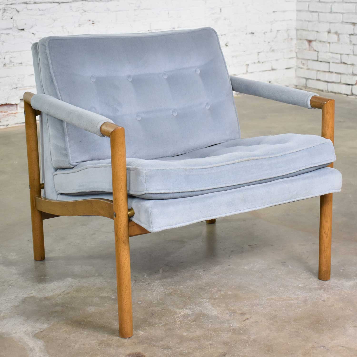 Mid Century Modern Lounge Club Chair with Wood Frame and Ice Blue Velvet