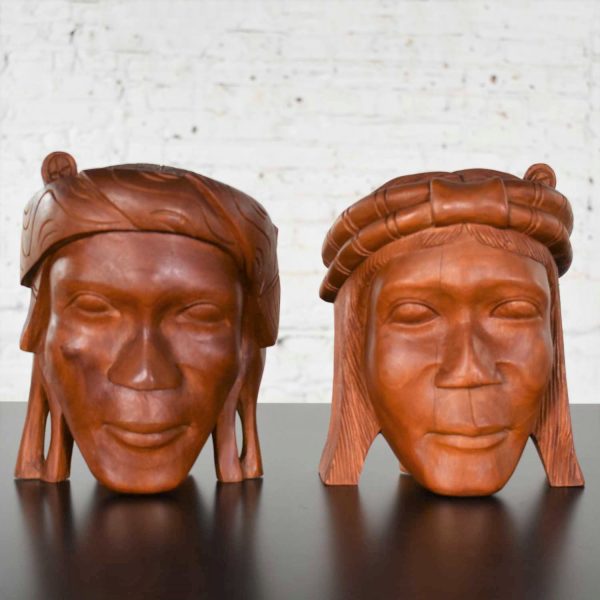 Vintage Tribal Carved Wood Figural Bookends Heads Only