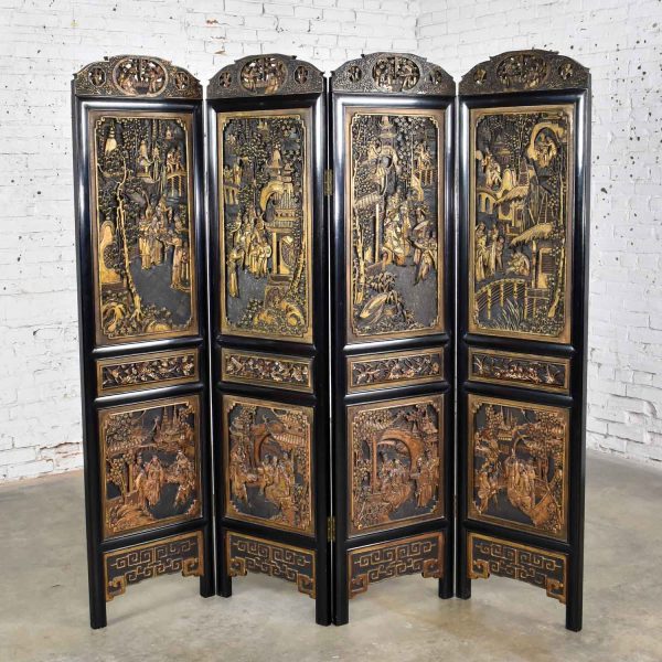 Vintage Asian Hand Carved 4 Panel Folding Screen or Room Divider Lacquered & Gilded