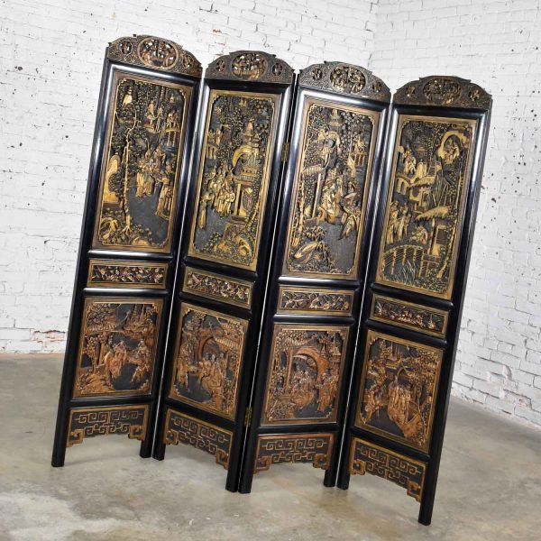 Vintage Asian Hand Carved 4 Panel Folding Screen or Room Divider Lacquered & Gilded