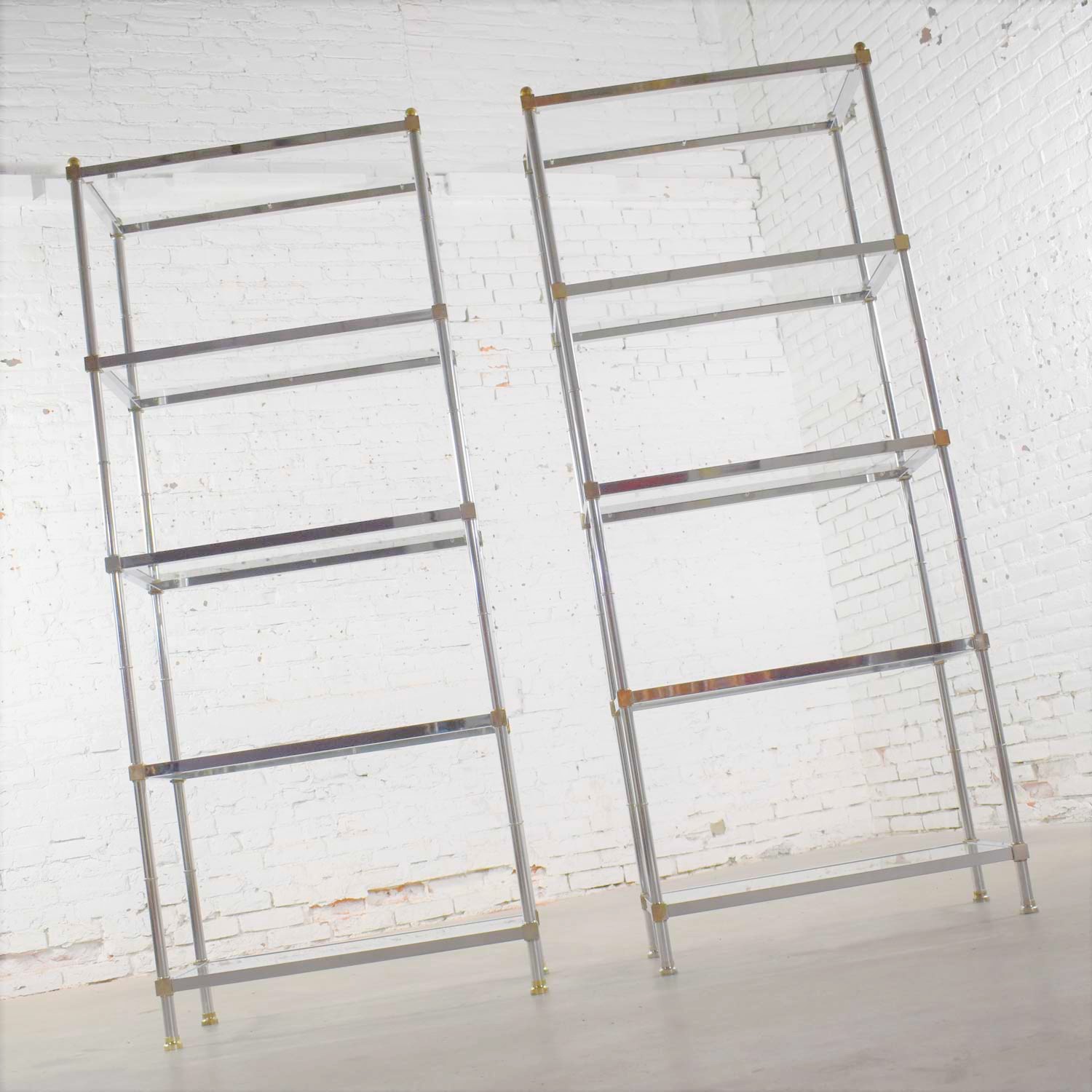 Pair of Vintage Etagere Display Shelves in Chrome and Brass, Manner of Maison Jansen