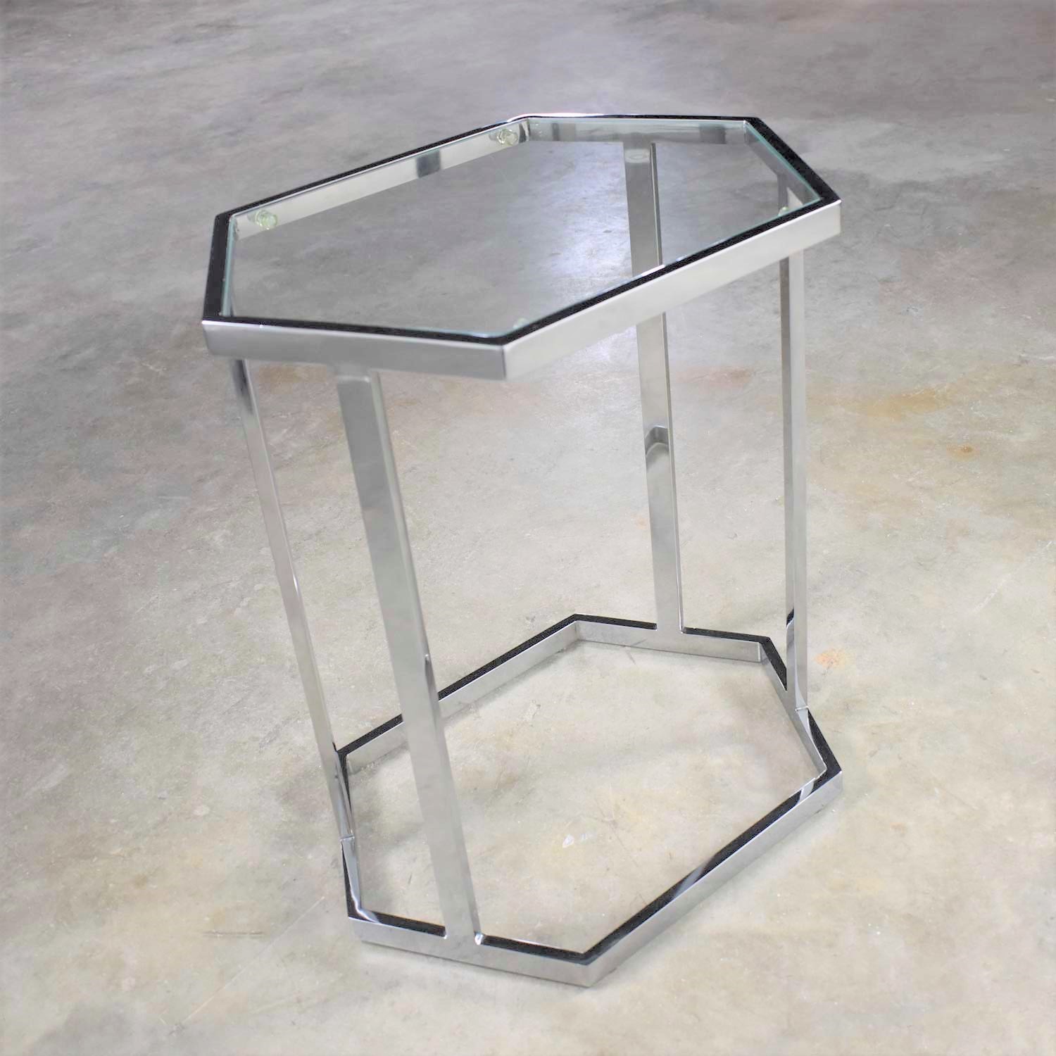 Vintage Modern Chrome and Glass Hexagon Petite Side Table or Occasional Table