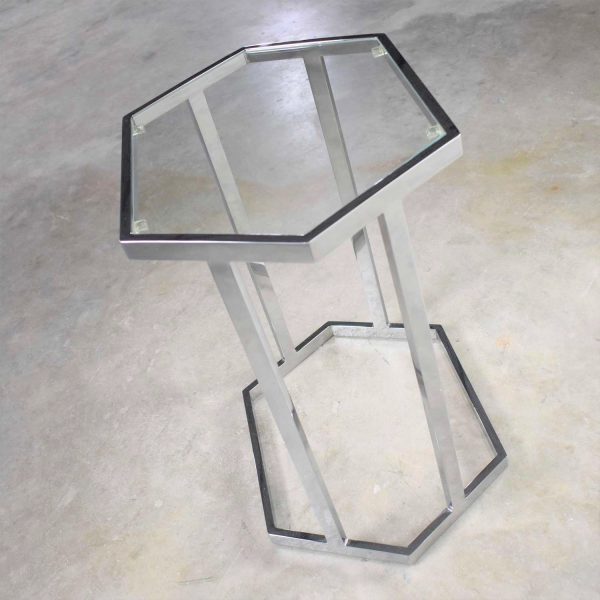 Vintage Modern Chrome and Glass Hexagon Petite Side Table or Occasional Table