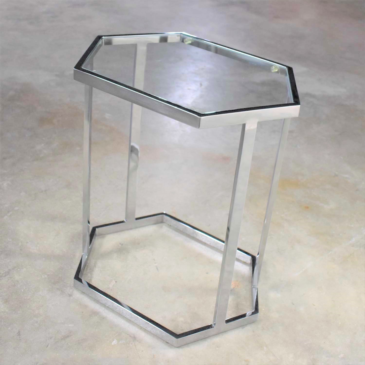 Vintage Modern Chrome and Glass Hexagon Petite Side Table or Occasional Table
