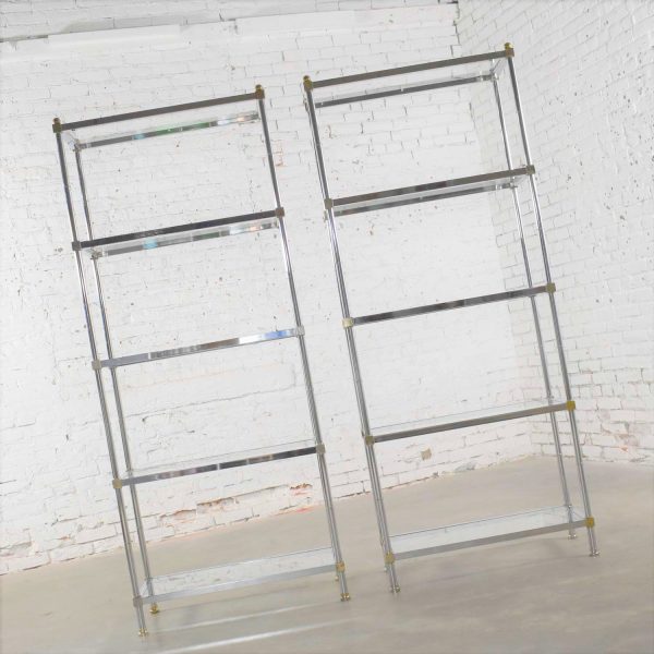 Pair of Vintage Etagere Display Shelves in Chrome and Brass, Manner of Maison Jansen