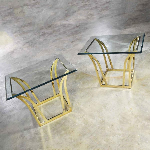 Pair of Modern Flared Shape End Tables of Brass Plated Steel with Glass Tops