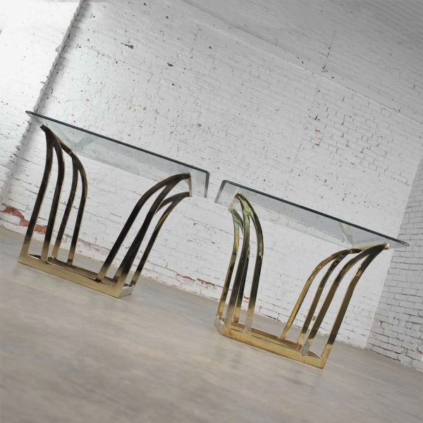 Pair of Modern Flared Shape End Tables of Brass Plated Steel with Glass Tops