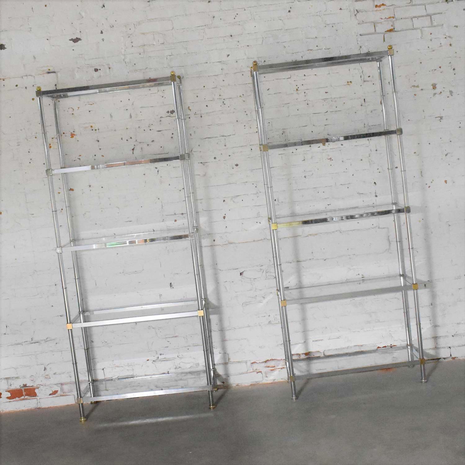 Pair of Vintage Etagere Display Shelves in Chrome and Brass, Manner of Maison Jansen