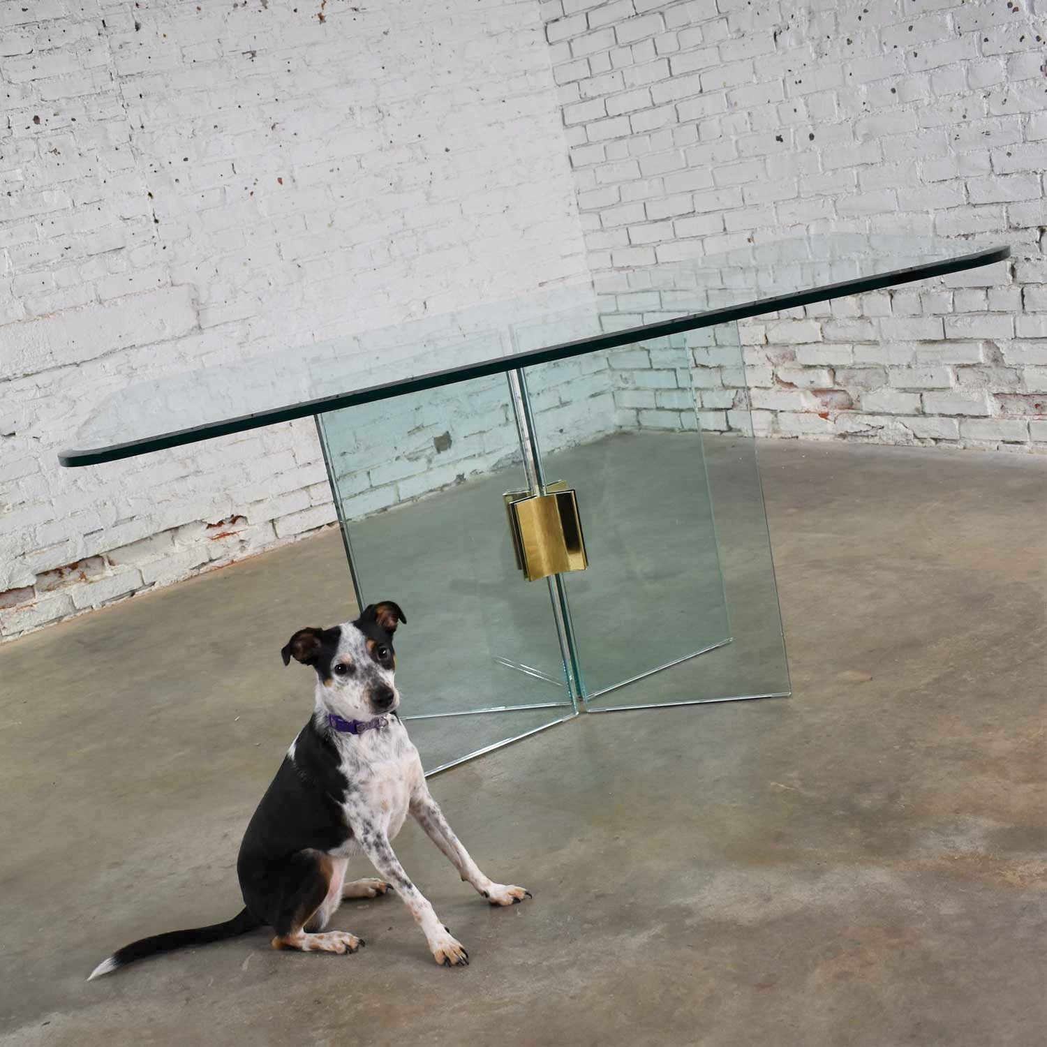 All Glass Dining Table with Brass Plated Connector Attributed to The Pace Collection