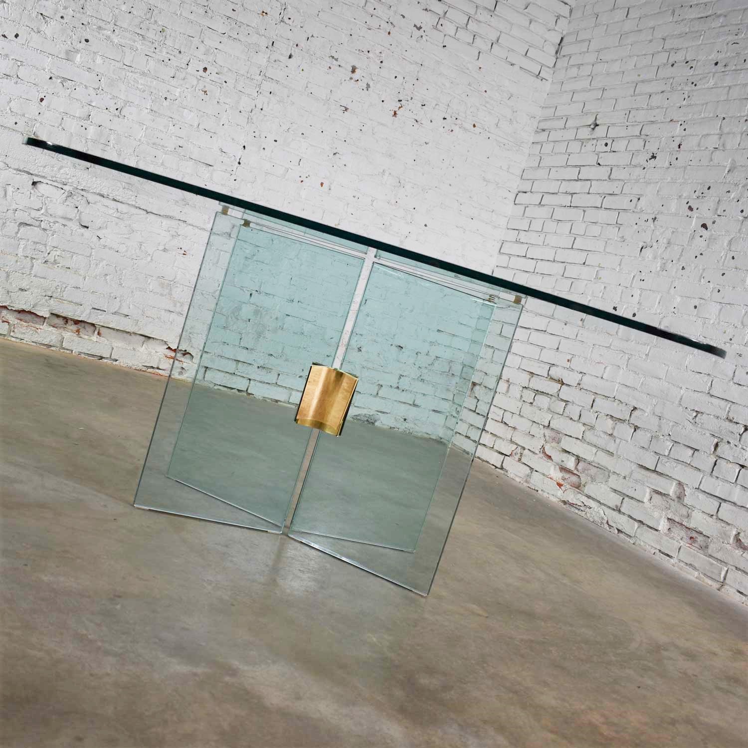 All Glass Dining Table with Brass Plated Connector Attributed to The Pace Collection