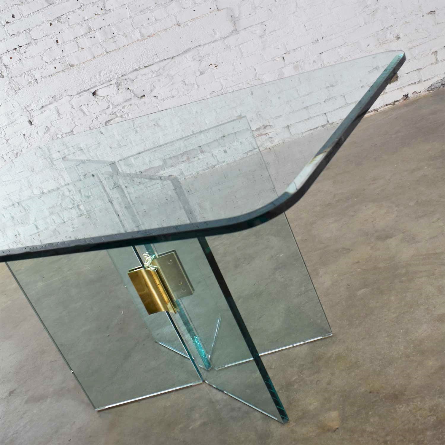 All Glass Dining Table with Brass Plated Connector Attributed to The Pace Collection