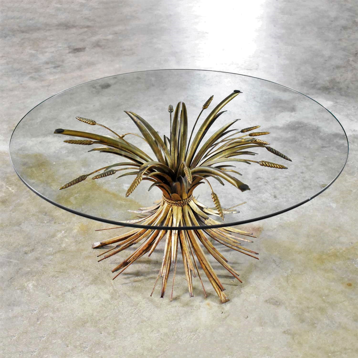 Gilt Metal Sheaf of Wheat Coffee Table with Glass Top Vintage Italian Hollywood Regency