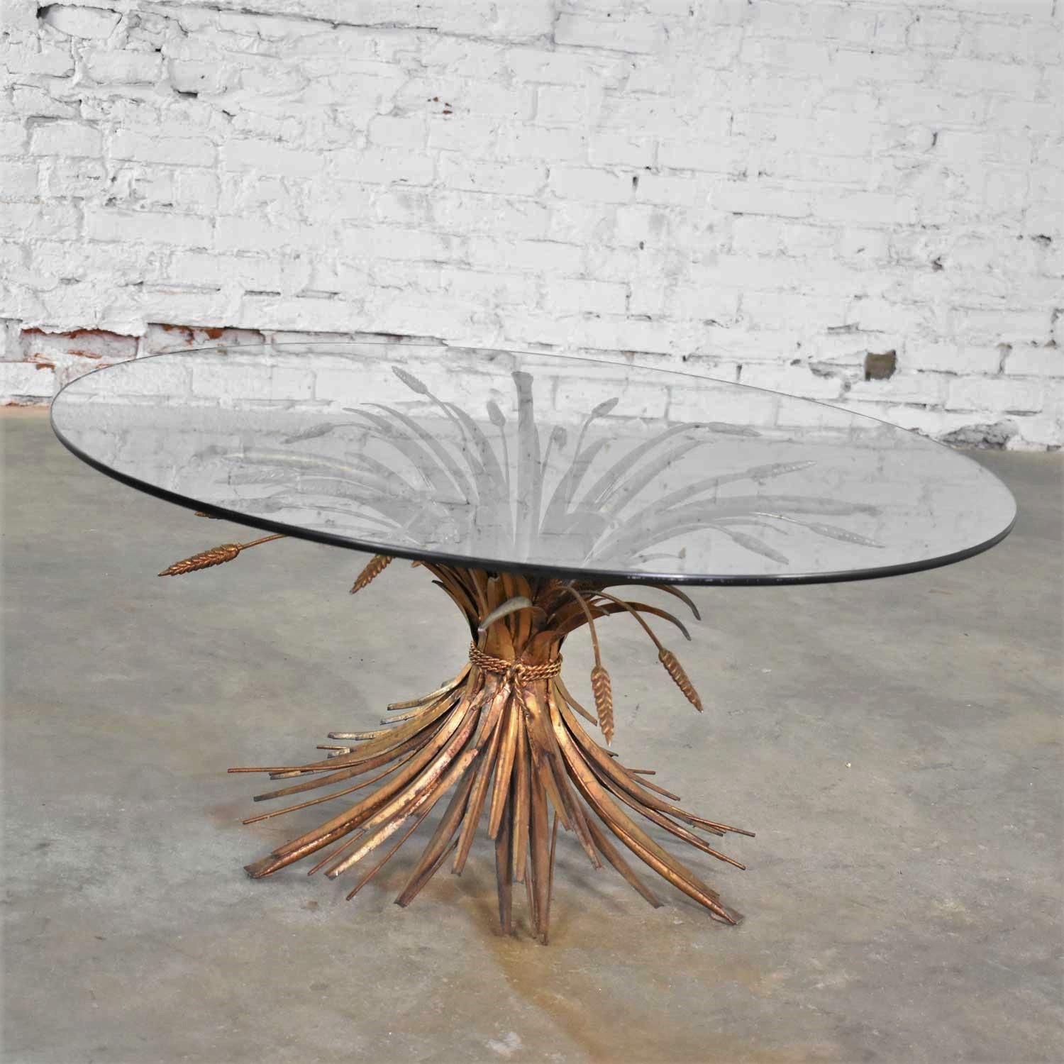 Gilt Metal Sheaf of Wheat Coffee Table with Glass Top Vintage Italian Hollywood Regency