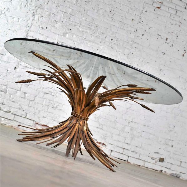 Gilt Metal Sheaf of Wheat Coffee Table with Glass Top Vintage Italian Hollywood Regency