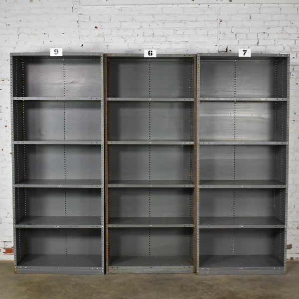 Trio of Industrial Steel Bookcase Shelving Painted Gray – Green Great Patina Vintage