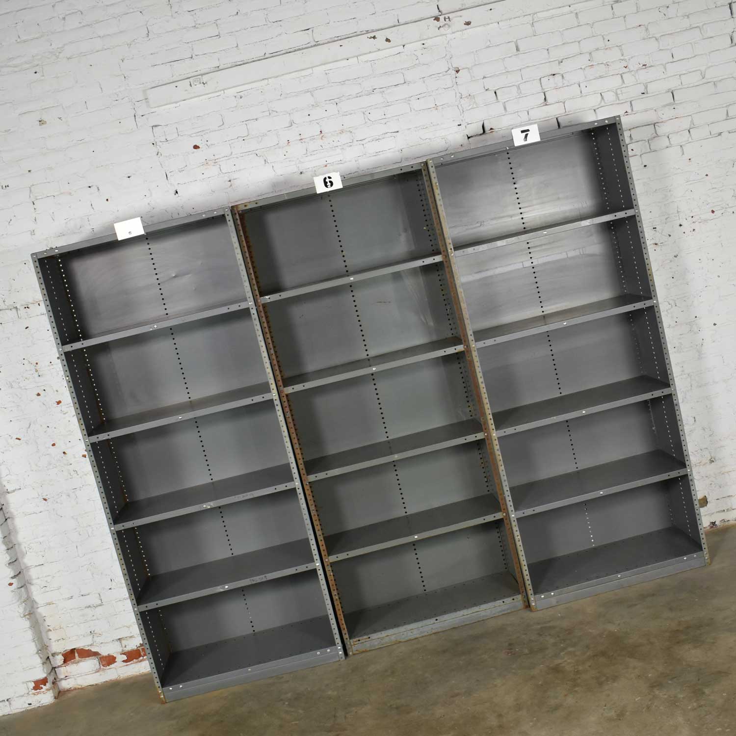 Trio of Industrial Steel Bookcase Shelving Painted Gray – Green Great Patina Vintage