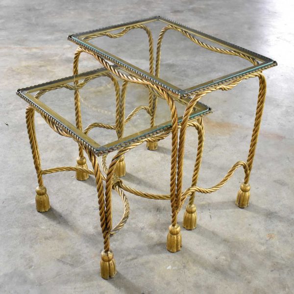 Set of Two Hollywood Regency Gilt Rope and Tassel Nesting Tables with Glass Tops