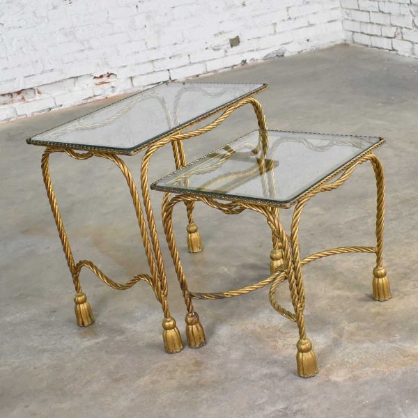 Set of Two Hollywood Regency Gilt Rope and Tassel Nesting Tables with Glass Tops