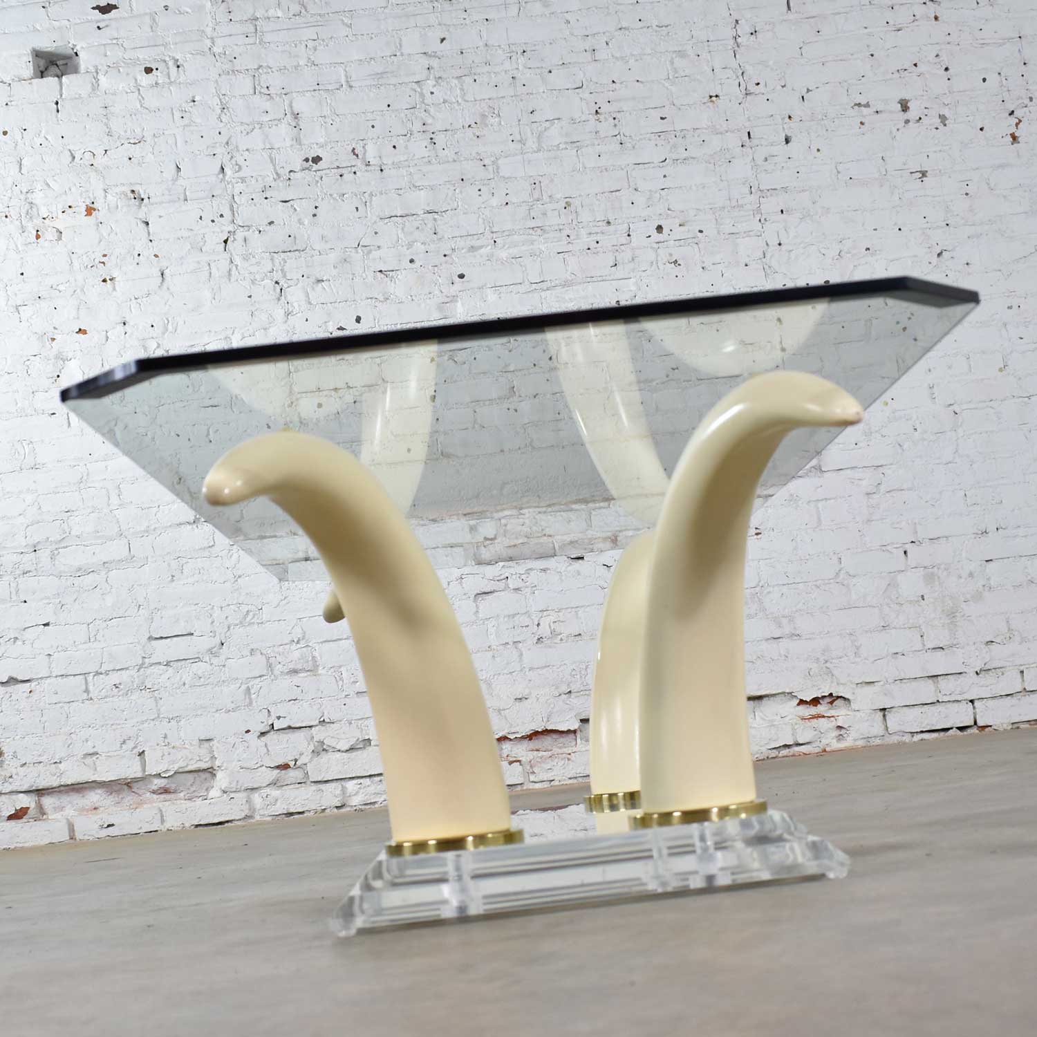 Lucite Acrylic & Glass Faux Tusk Coffee Cocktail Table After Maison Jansen or Italo Valenti