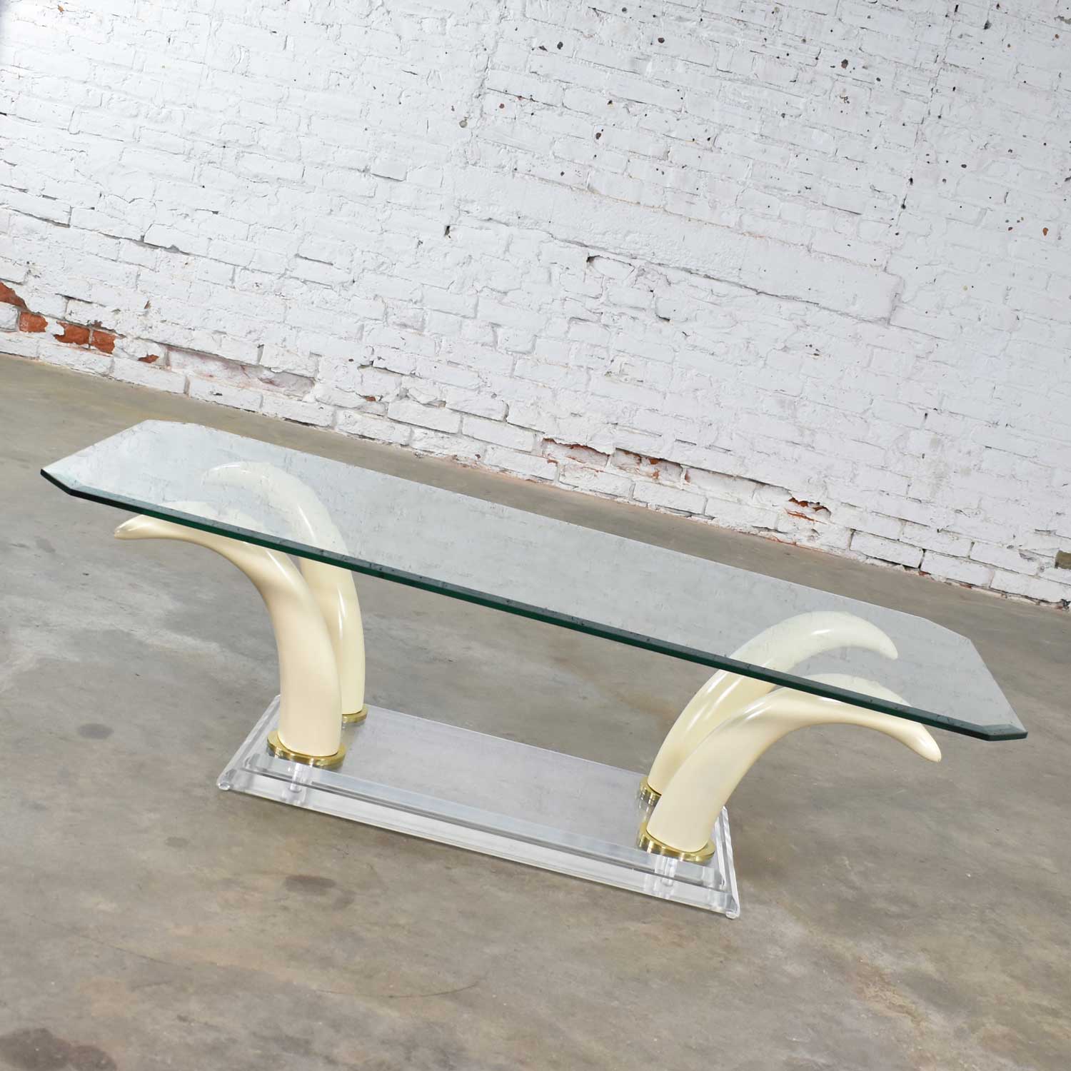 Lucite Acrylic & Glass Faux Tusk Coffee Cocktail Table After Maison Jansen or Italo Valenti