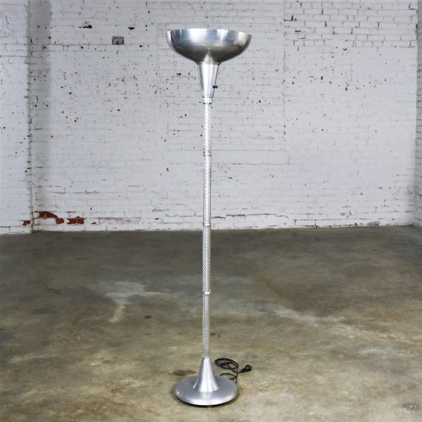 Art Deco Hollywood Regency Spun Aluminum and Glass Torchiere Floor Lamp