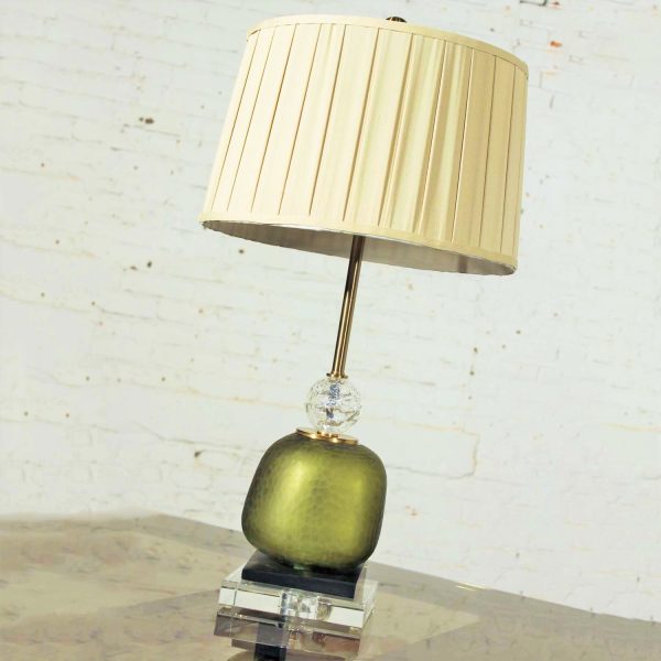 John Richard Buffet Table Lamp Green Glass & Crystal w/Black & Gold Accents