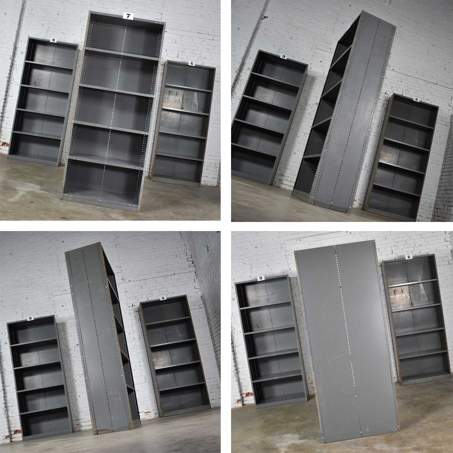 Trio of Industrial Steel Bookcase Shelving Painted Gray – Green Great Patina Vintage