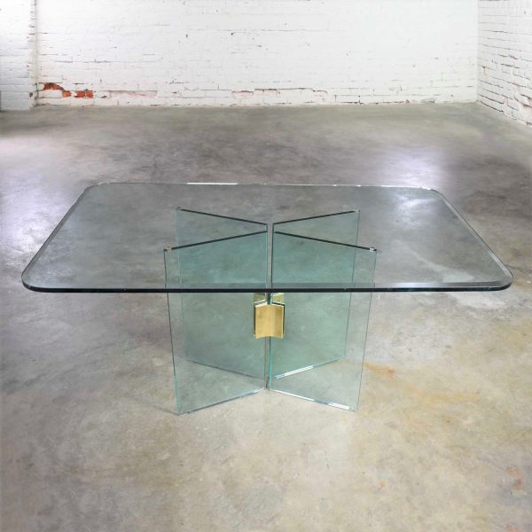 All Glass Dining Table with Brass Plated Connector Attributed to The Pace Collection