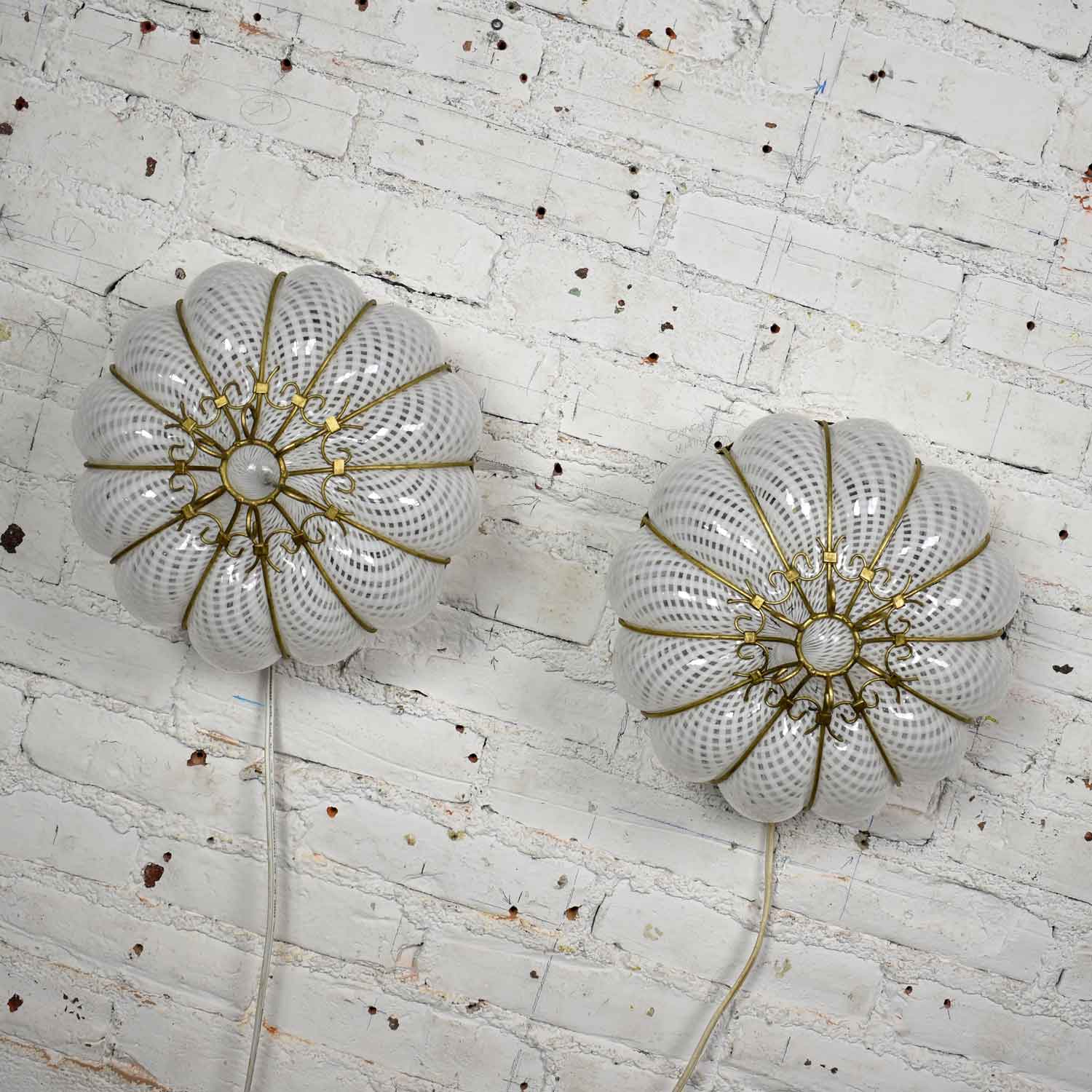 Pair Mid Century Gold & White Caged Venetian Latticino Glass Ceiling Lights or Sconces
