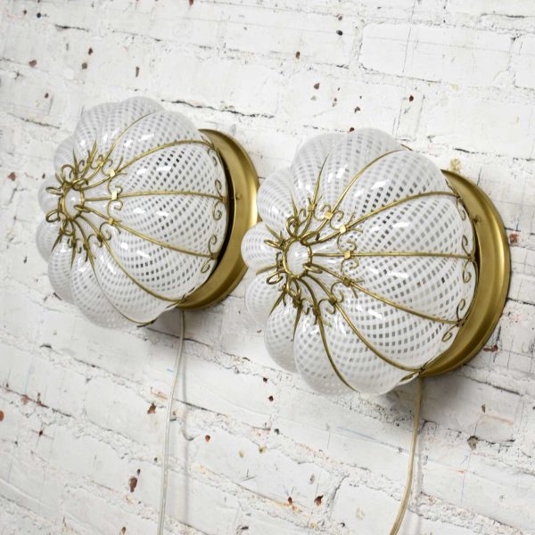 Pair Mid Century Gold & White Caged Venetian Latticino Glass Ceiling Lights or Sconces