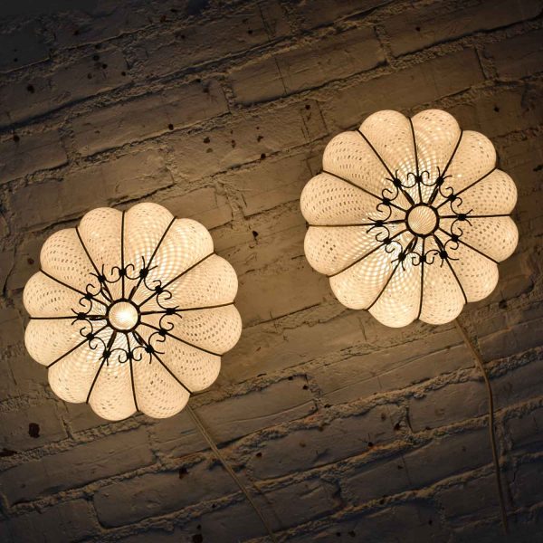 Pair Mid Century Gold & White Caged Venetian Latticino Glass Ceiling Lights or Sconces