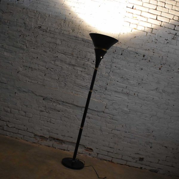 Art Deco Hollywood Regency Black and Brass Trumpet Torchier Floor Lamp