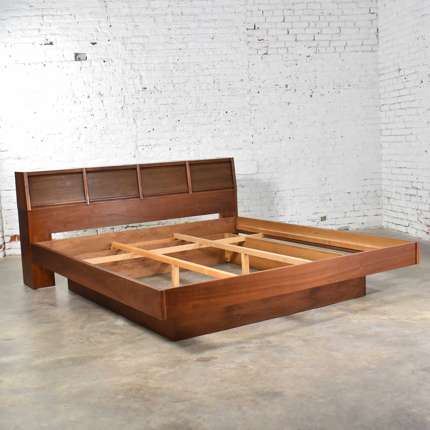 Walnut Scandinavian Modern Style King Bookcase Platform Bed w Tambour ...