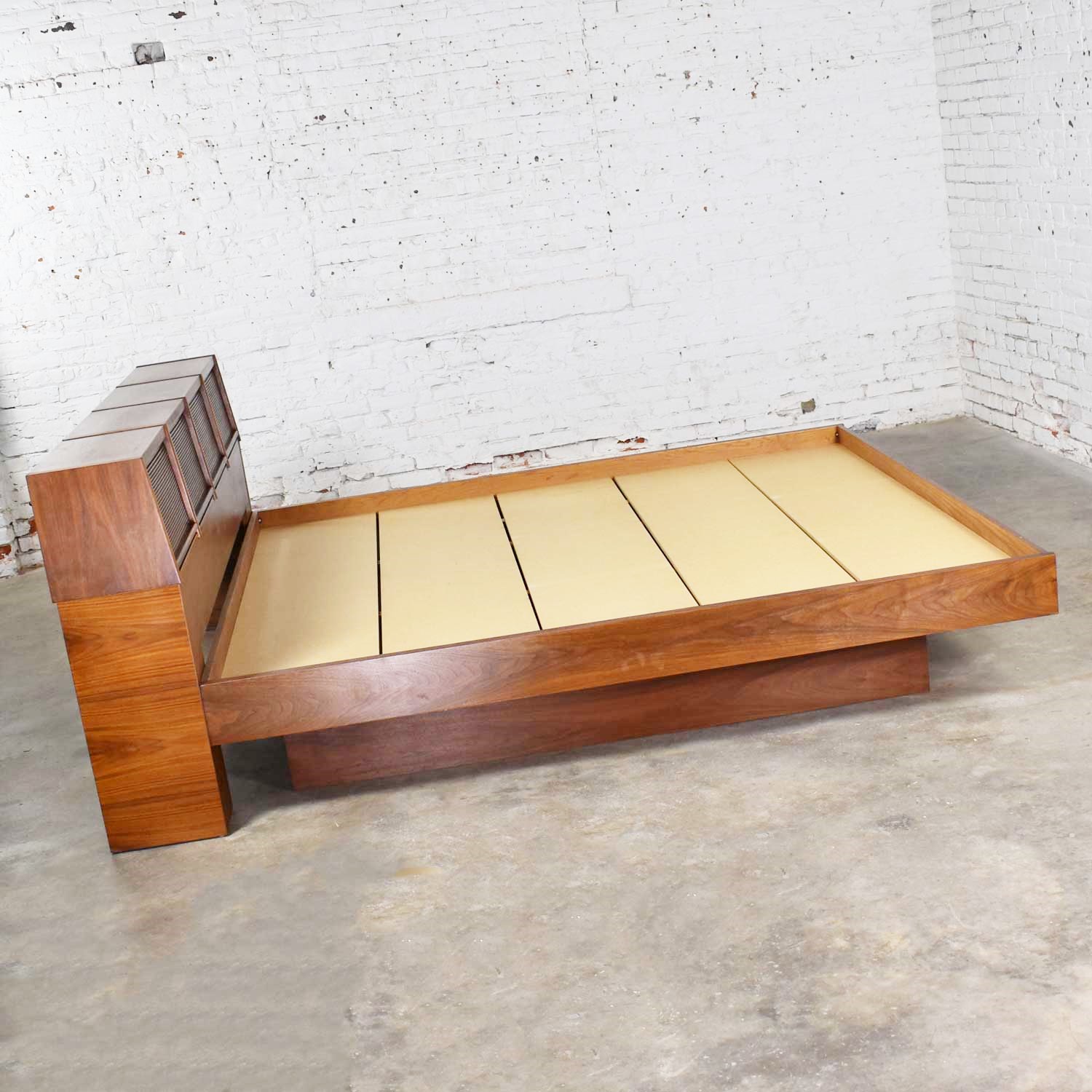 Walnut Scandinavian Modern Style King Bookcase Platform Bed w Tambour