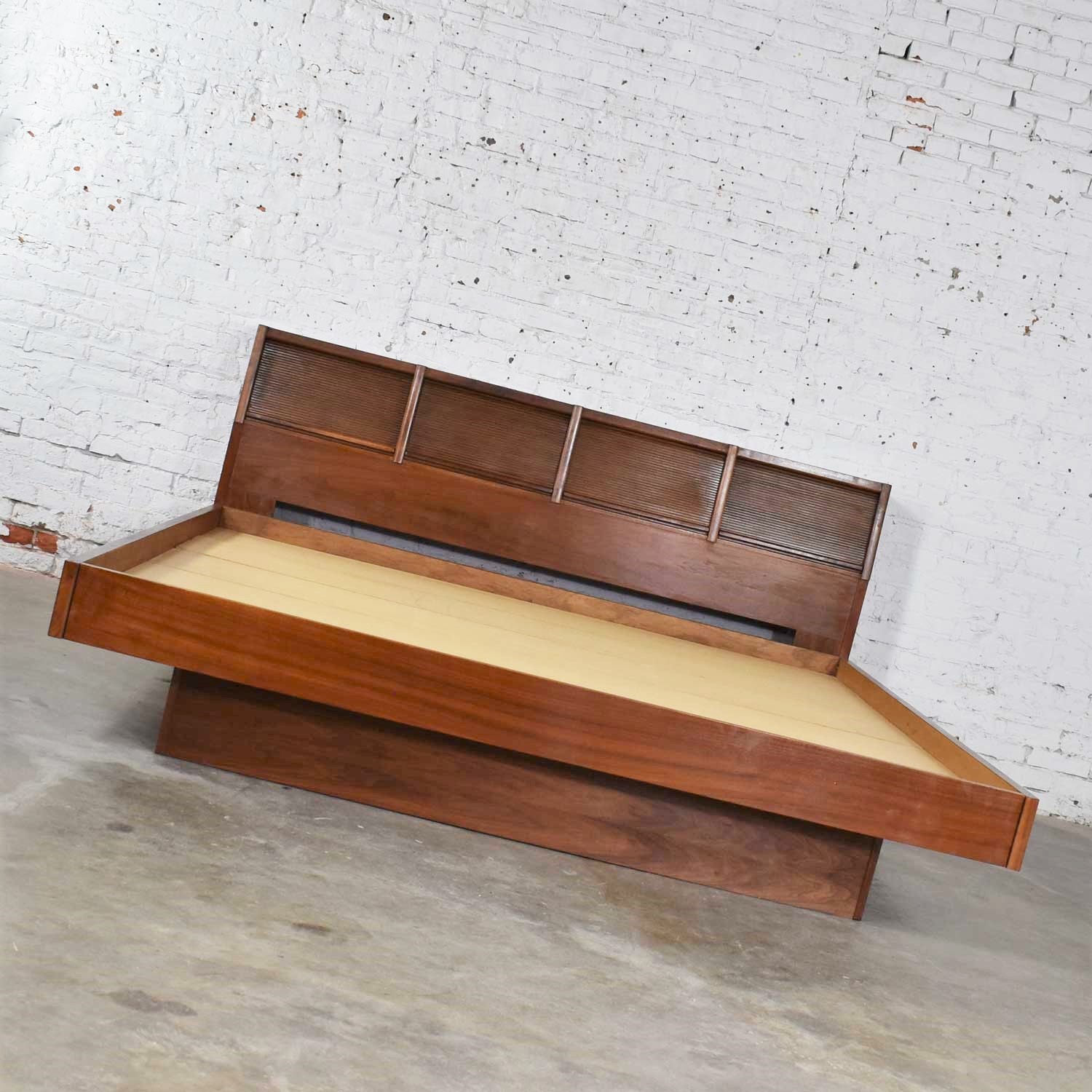Walnut Scandinavian Modern Style King Bookcase Platform Bed w Tambour