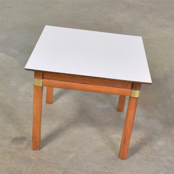 Campaign Style Square Side Table with White Laminate Top by Hickory Furniture Mfg.