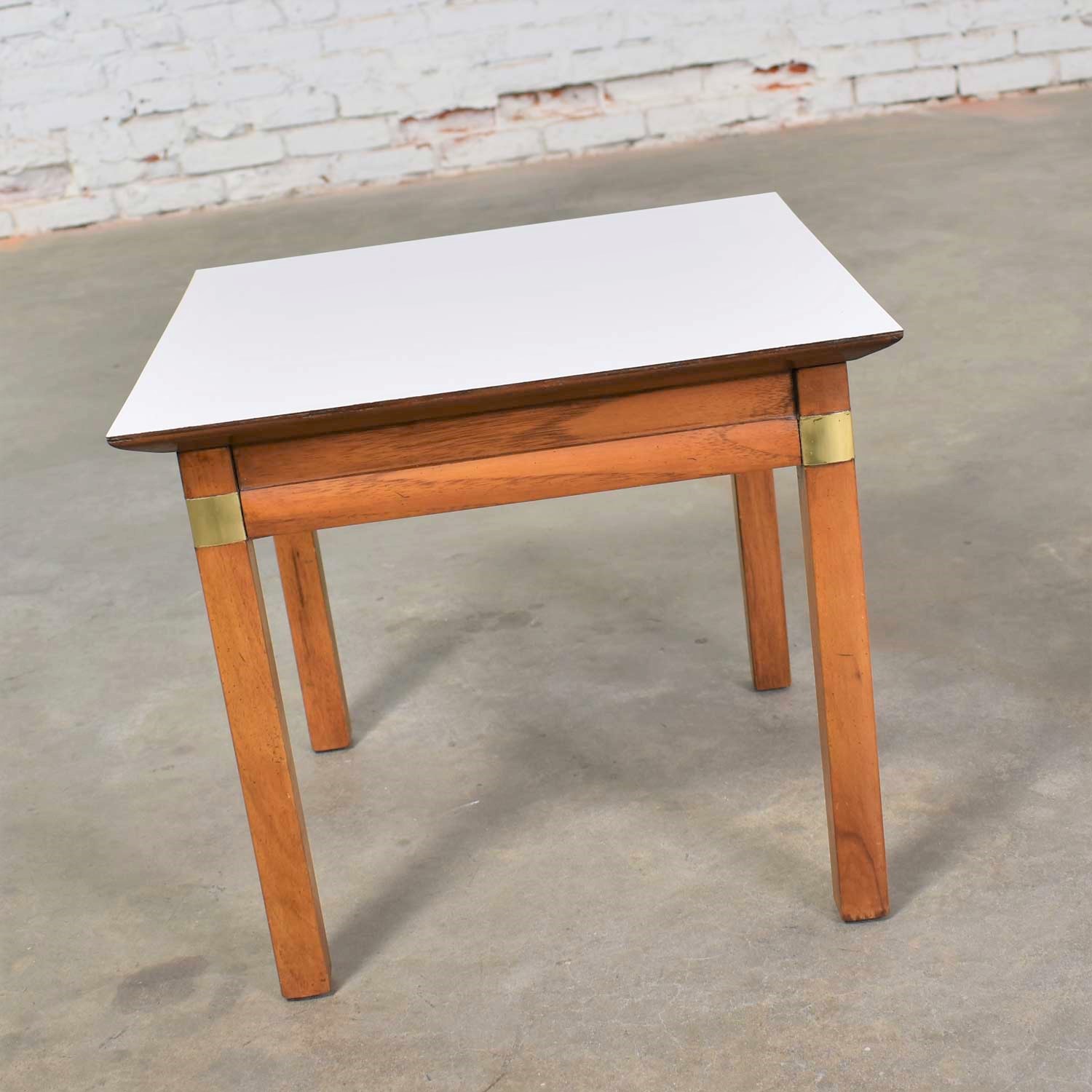 Campaign Style Square Side Table with White Laminate Top by Hickory Furniture Mfg.